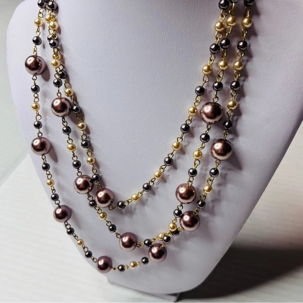 New MAJESTIC Triple-Strand Cascade Metallic Bronze Necklace